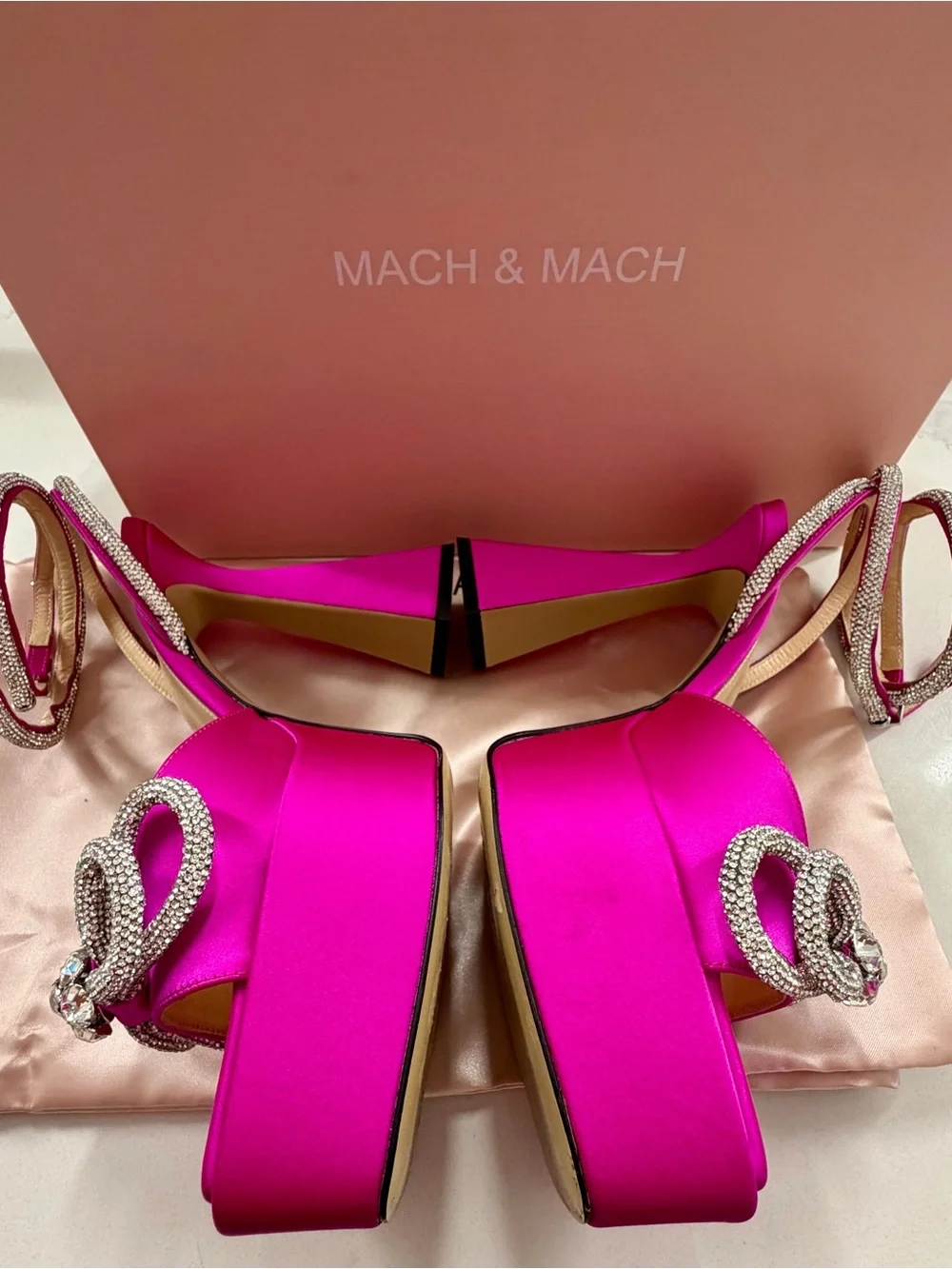 MACH & MACH - Double Bow - 140 Silk Ankle Strap Sandals - 38 - New - Fuchsia